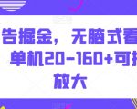 广告掘金，无脑式看广告，单机20-160+可批量放大【揭秘】