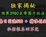 预算3980求带 图片玩法，单条日引流500+精准创业粉，私信根本回不完